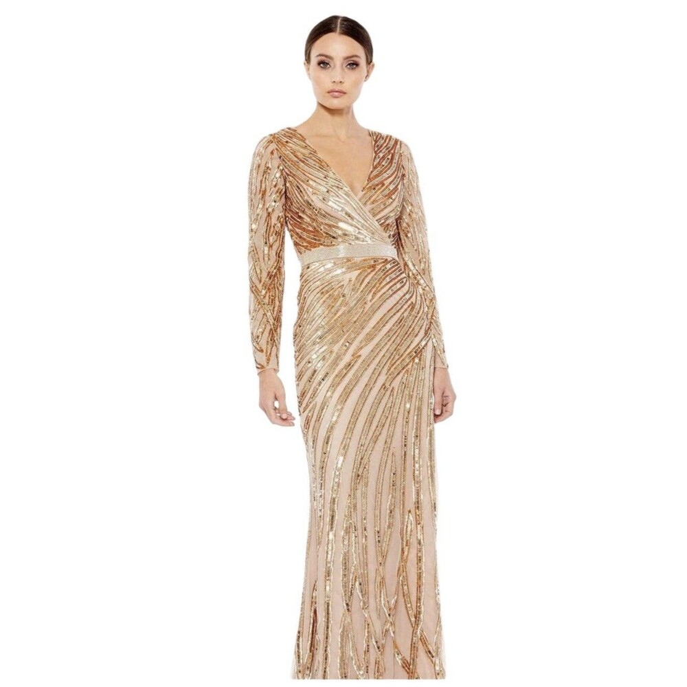 Mac Duggal 5438 Copper Silver Sequin Beaded Evening Prom Gown Dress Size 14 NWT